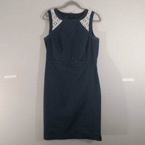Ann Taylor Fitted Sheath Dress: Navy Blue with Lace Overlay